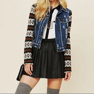 Free People Blue Denim Jacket with Patterned Sleeves